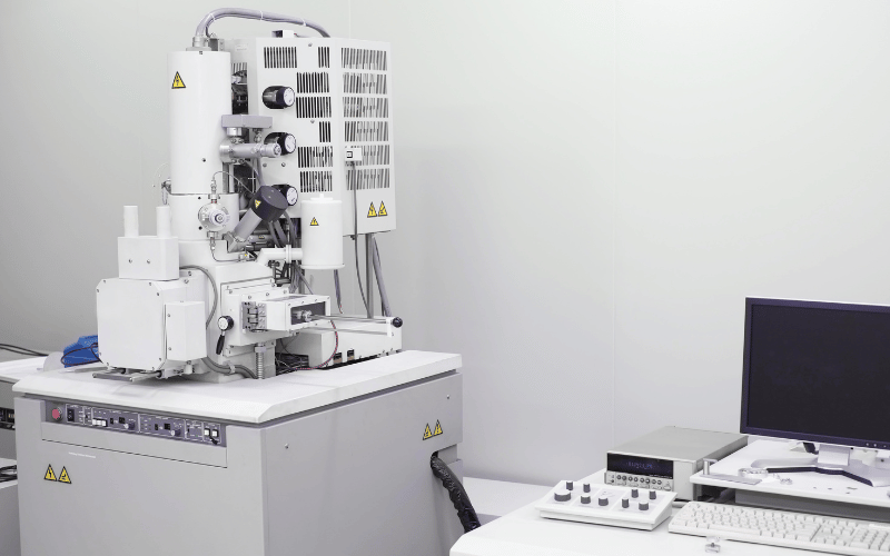 An advanced laboratory setting with essential equipment: a computer and a sophisticated SEM.