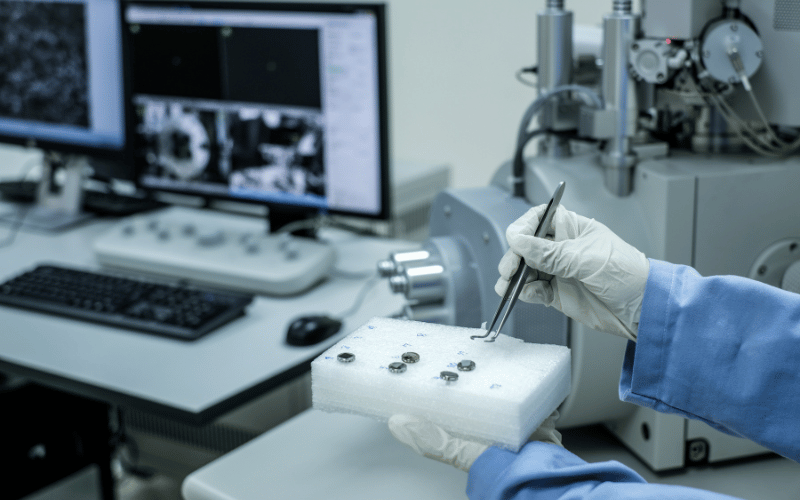 A person in a blue coat operating an SEM while working in an automotive laboratory.