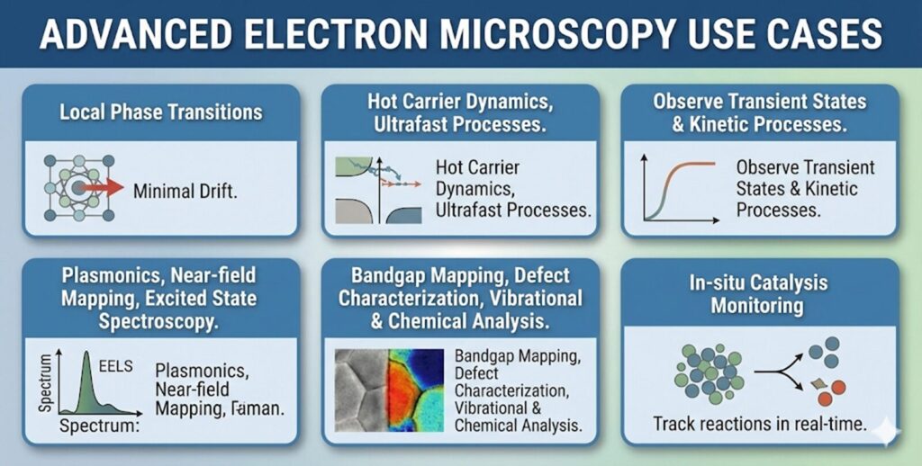 Advanced electron microscopy use cases for in-situ laser heating with Waviks Vesta — local phase transitions, hot carrier dynamics, transient states, plasmonics and near-field mapping, bandgap and defect characterization, and in-situ catalysis monitoring