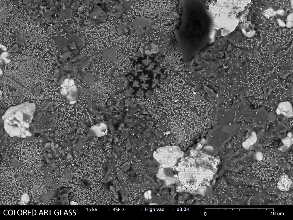Forensic SEM analysis of art glass fragment 3000X magnification