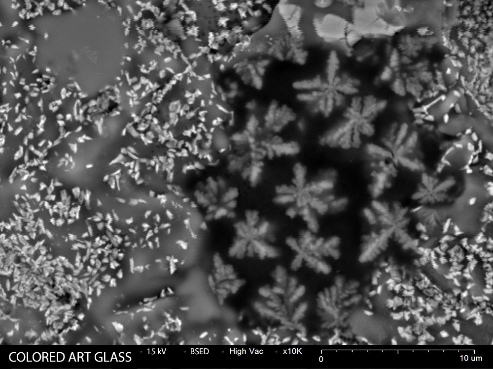 Forensic SEM analysis of art glass fragment 10,000X magnification