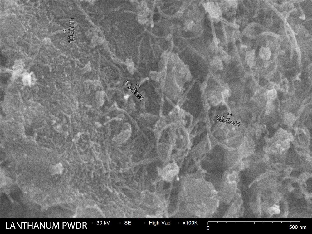 Lanthanum powder SEM image 100,000X magnification