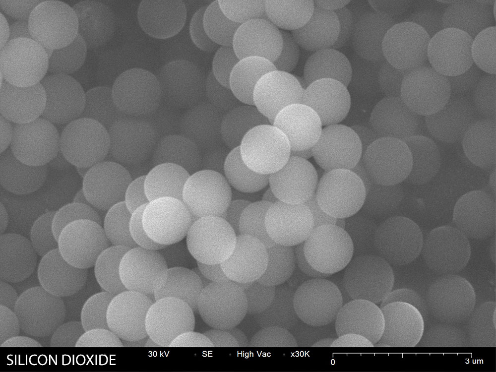 Silicon Dioxide particles SEM image 30,000X magnification